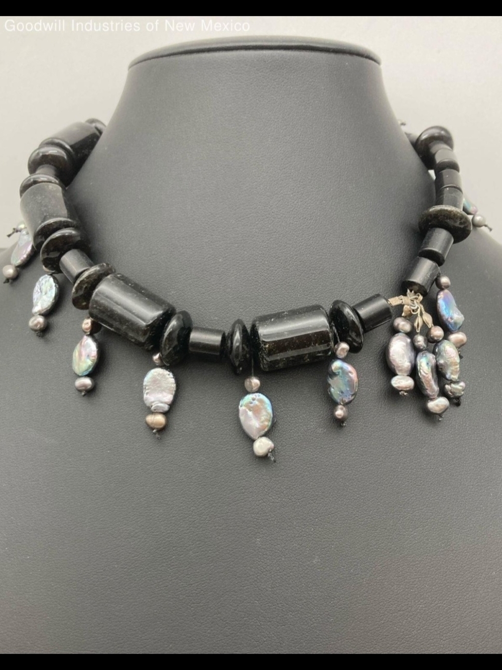 Unbranded Chunky Black Onyx and Iridescent Grey Baroque Pearl Fringe Statement N